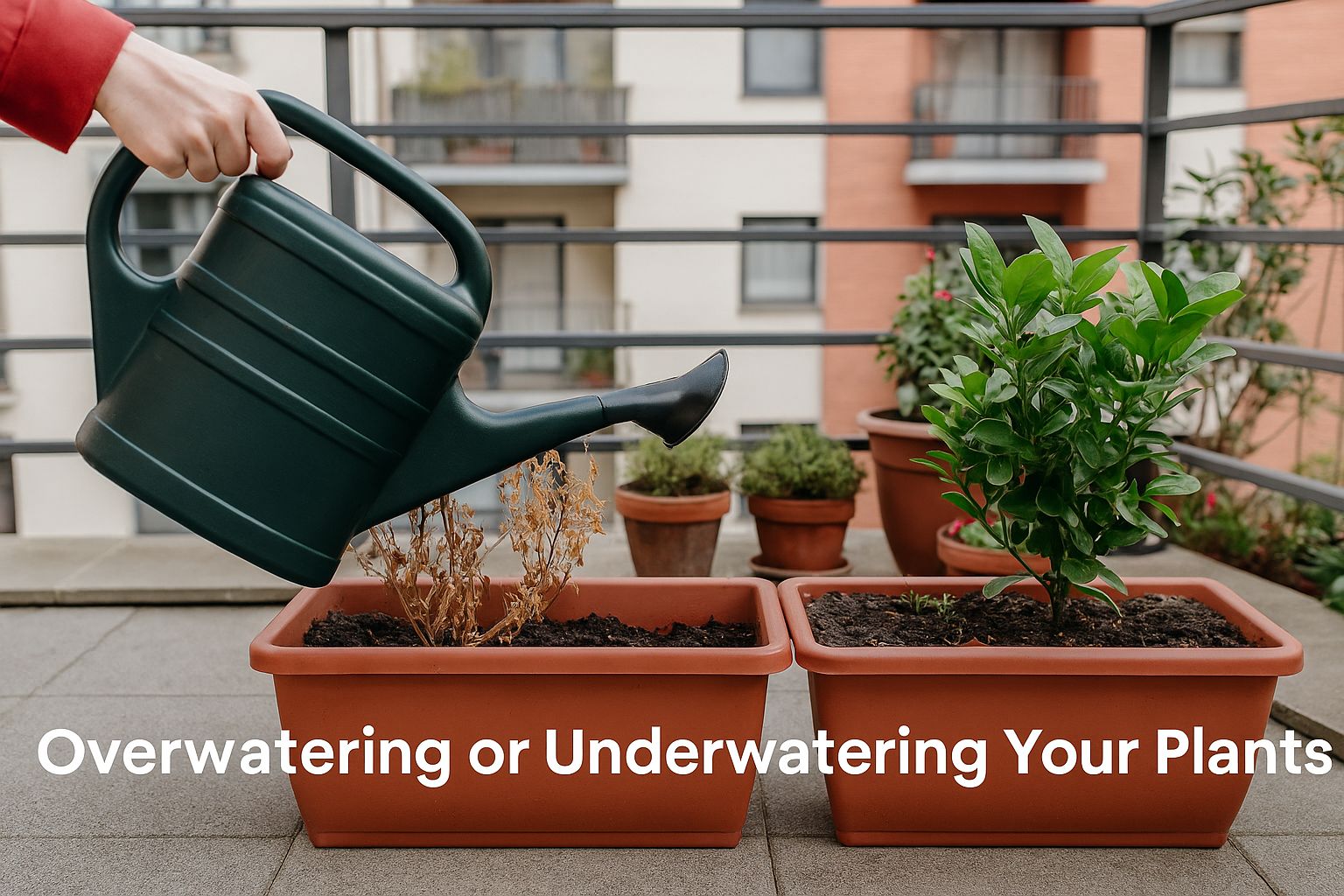 Balcony gardening mistake shown with a dead plant from overwatering and a healthy plant side-by-side – Urban Plant